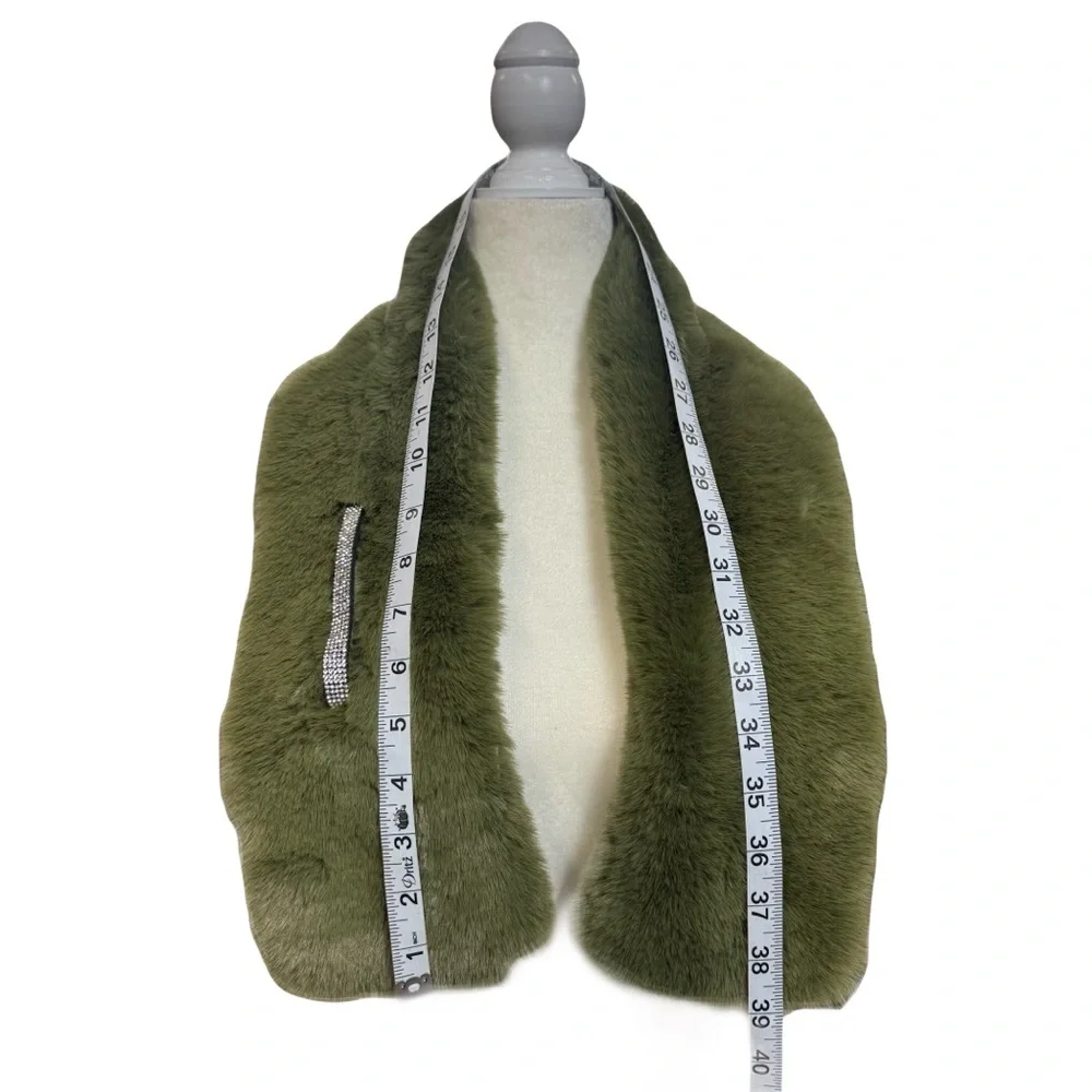 Faux Fur Bling Pull Through Scarf Reversible Wrap Collar Soft Furry -Olive Green